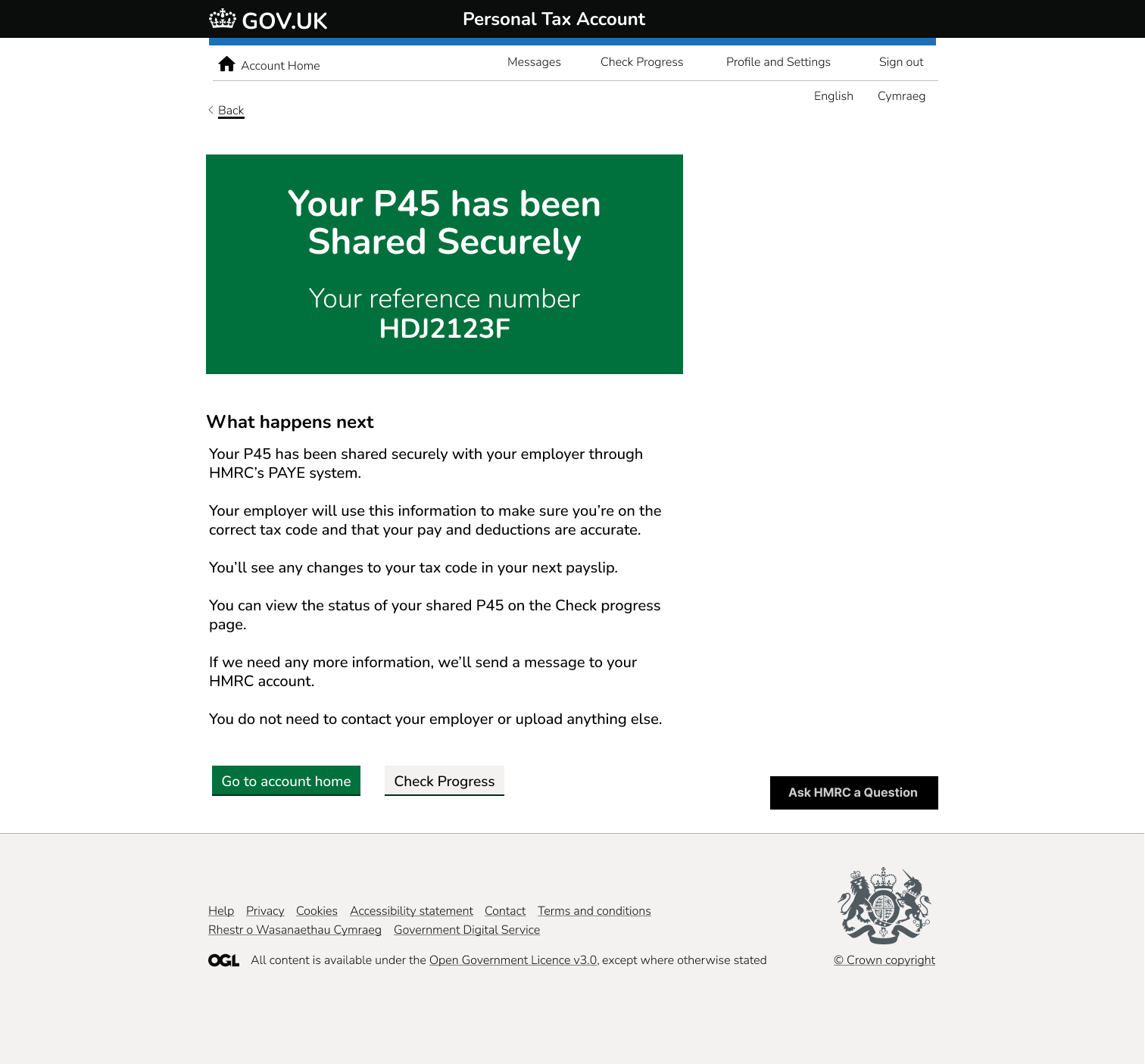 Success confirmation after completing sending P45